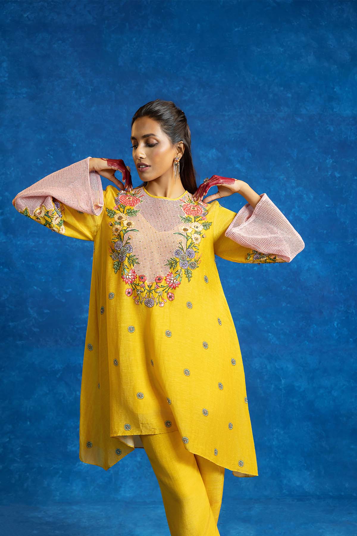 Sougat Paul Baghira Appiqued Kurta Set Yellow indian designer wear online shopping melange singapore 