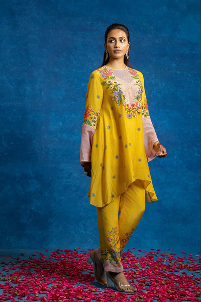 Sougat Paul Baghira Appiqued Kurta Set Yellow indian designer wear online shopping melange singapore 
