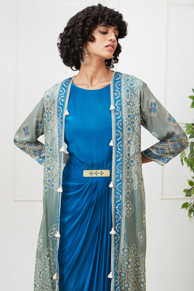 Sougat Paul Bandej Drape Dress With Printed Jacket indian designer wear online shopping melange singapore