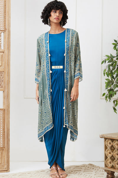 Sougat Paul Bandej Drape Dress With Printed Jacket indian designer wear online shopping melange singapore