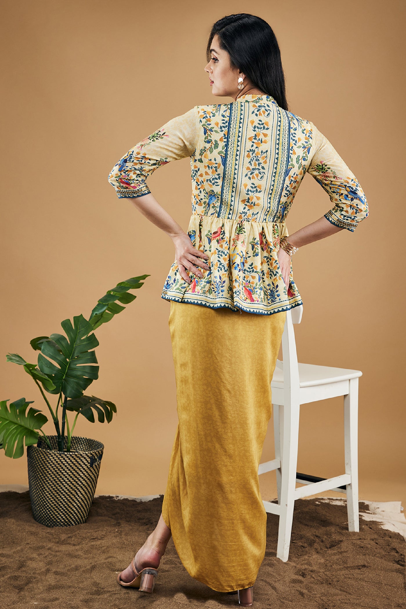 Sougat Paul Bird And Tile Printed Peplum Top With Drape Skirt indian designer wear online shopping melange singapore