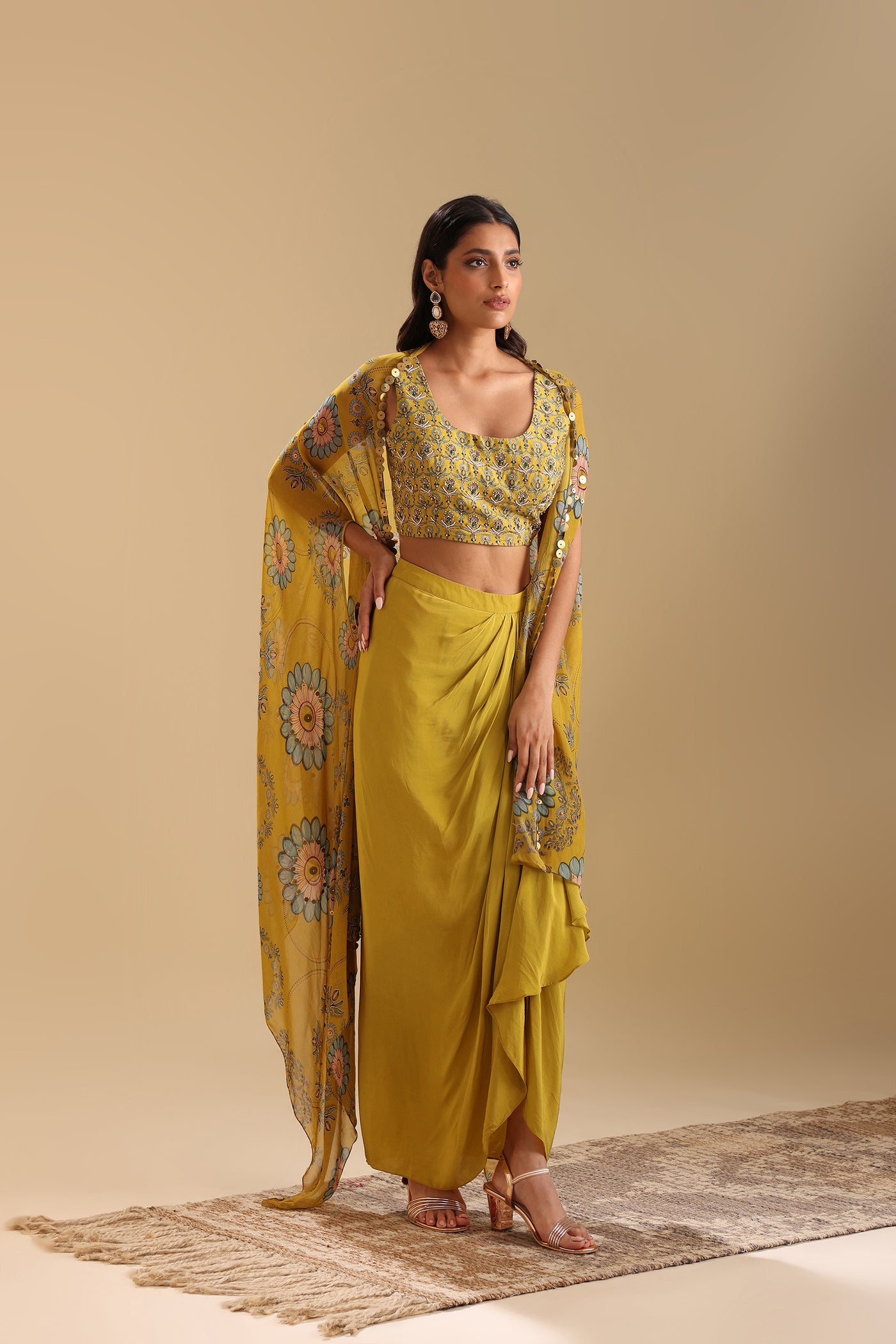 Sougat Paul Eraya Embellished Drape Skirt Set With Cape indian designer wear online shopping melange singapore