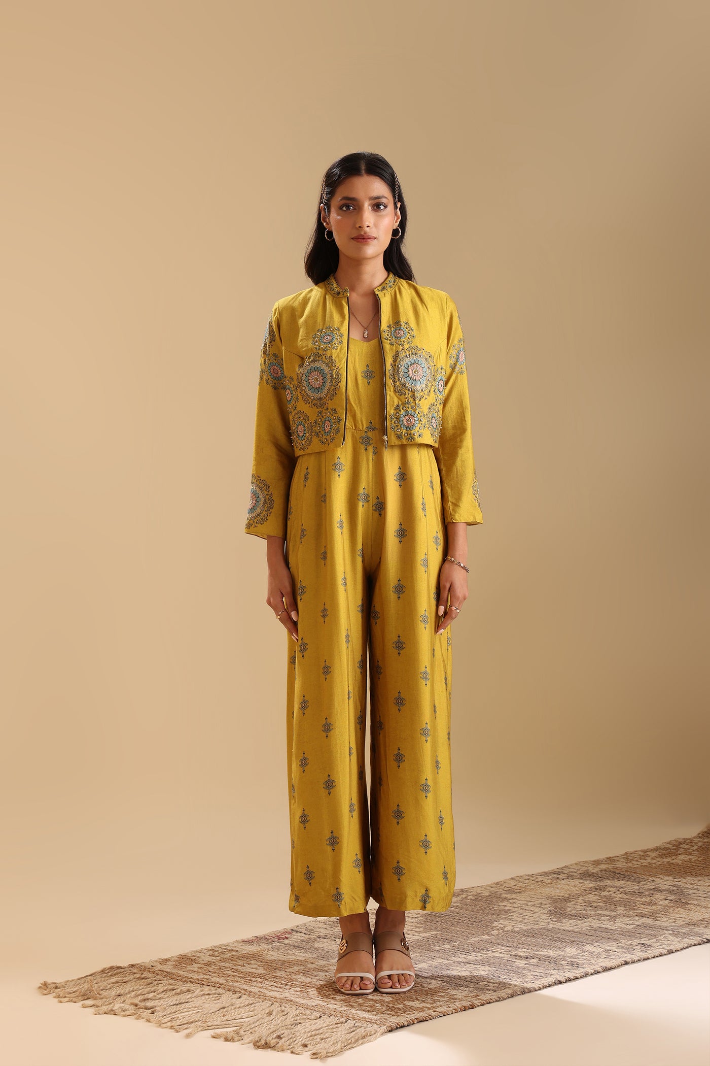 Sougat Paul Eraya Embellished Jumpsuit Set Yellow indian designer wear online shopping melange singapore