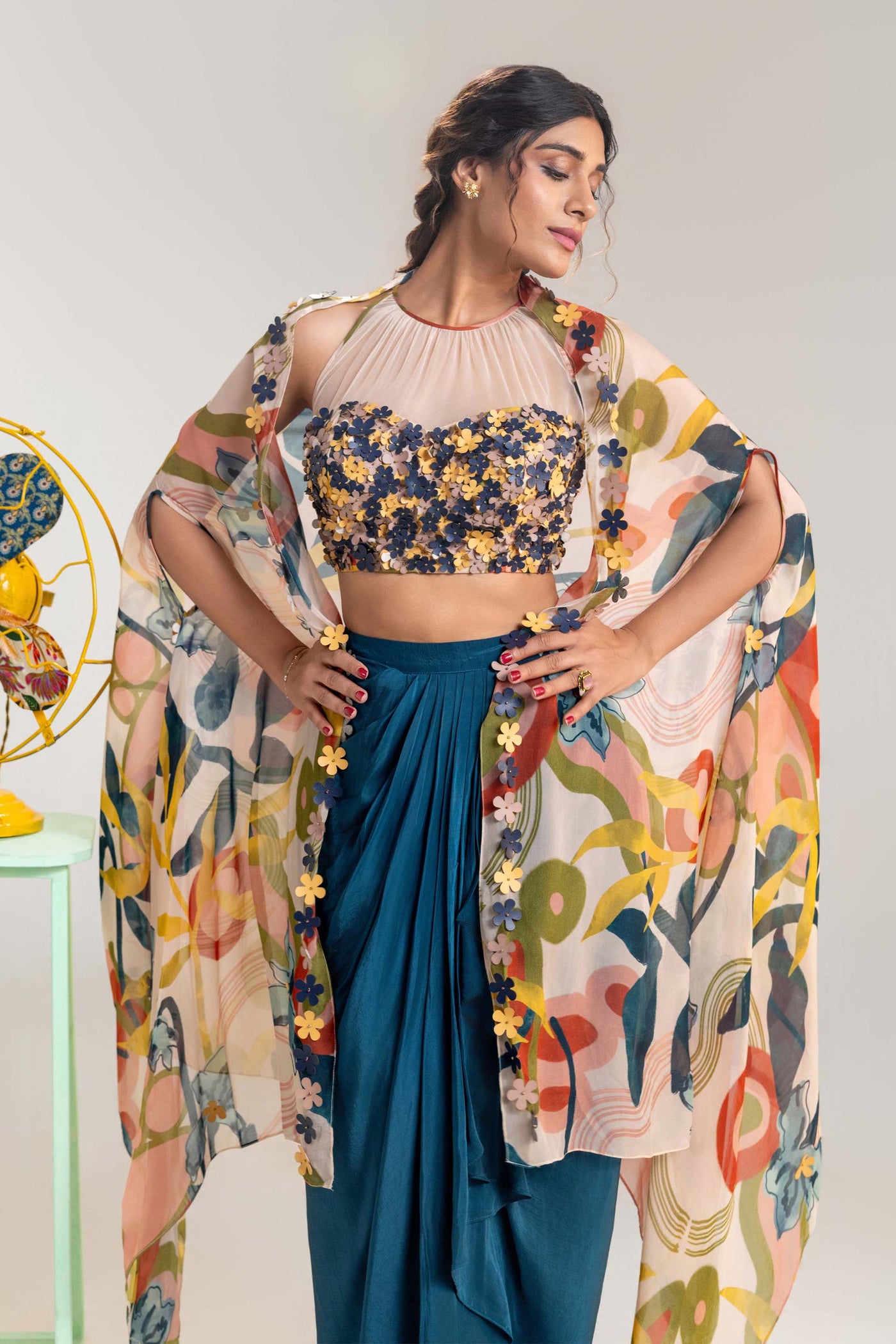 Sougat Paul Flora Embroidered Drape Skirt Set With A Cape indian designer wear online shopping melange singapore