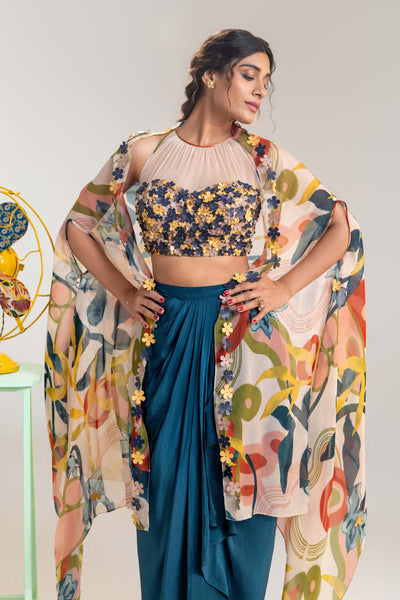 Sougat Paul Flora Embroidered Drape Skirt Set With A Cape indian designer wear online shopping melange singapore