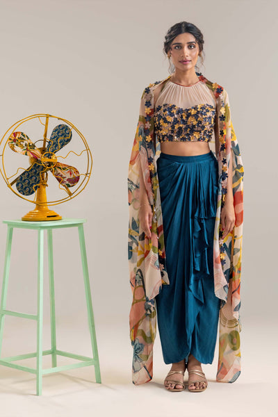 Sougat Paul Flora Embroidered Drape Skirt Set With A Cape indian designer wear online shopping melange singapore