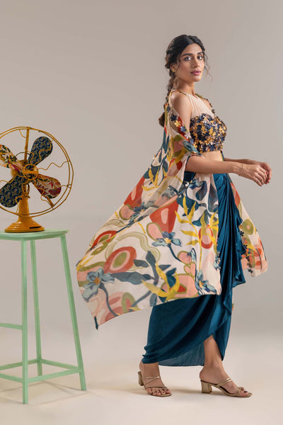 Sougat Paul Flora Embroidered Drape Skirt Set With A Cape indian designer wear online shopping melange singapore