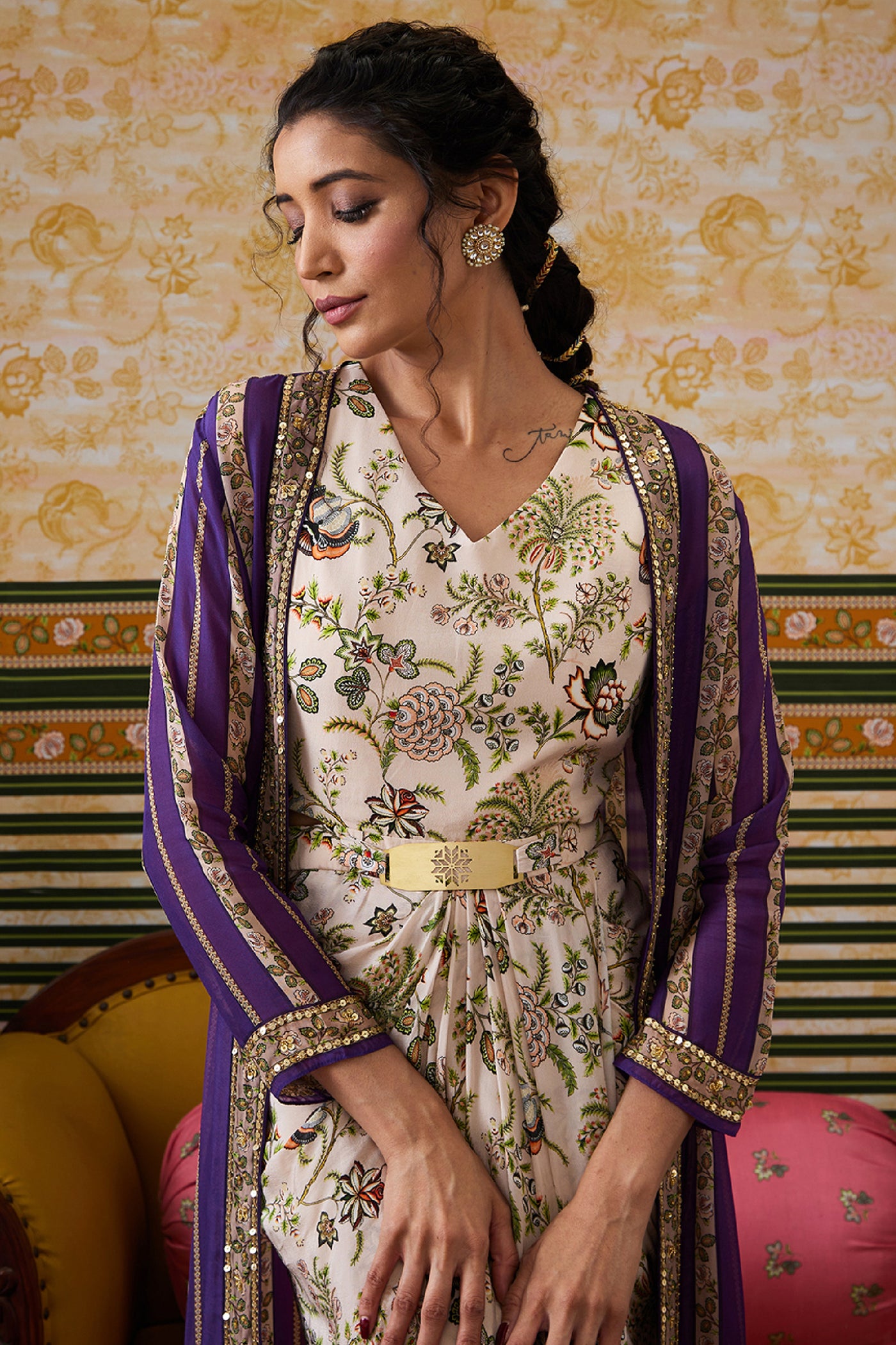 Sougat Paul Mehr Drape Dress With Printed Jacket indian designer wear online shopping melange singapore