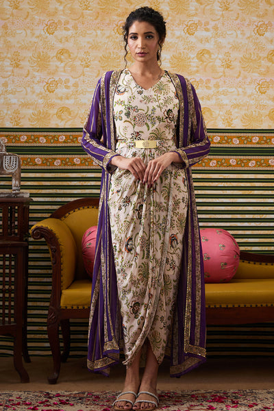 Sougat Paul Mehr Drape Dress With Printed Jacket indian designer wear online shopping melange singapore