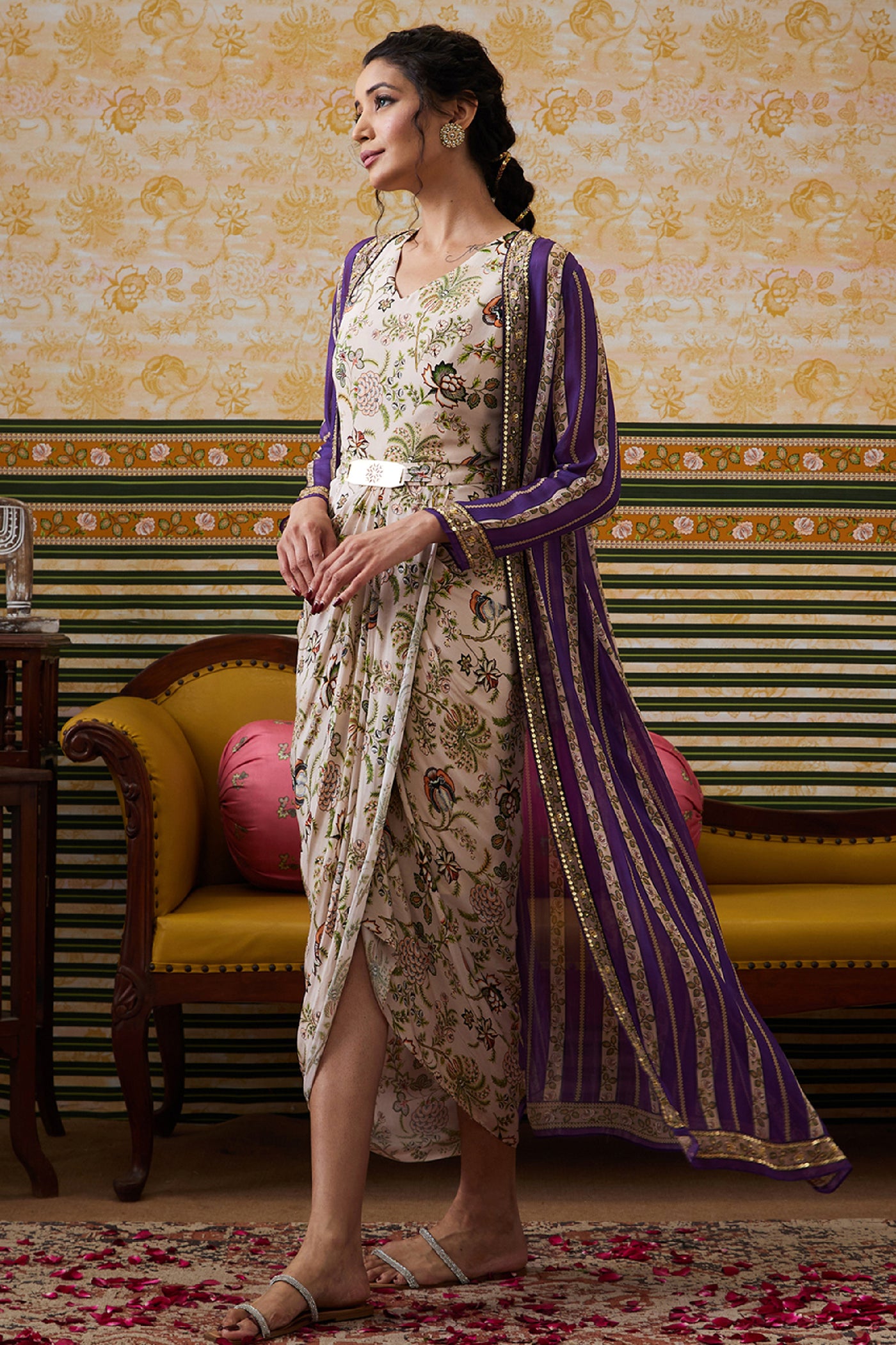 Sougat Paul Mehr Drape Dress With Printed Jacket indian designer wear online shopping melange singapore