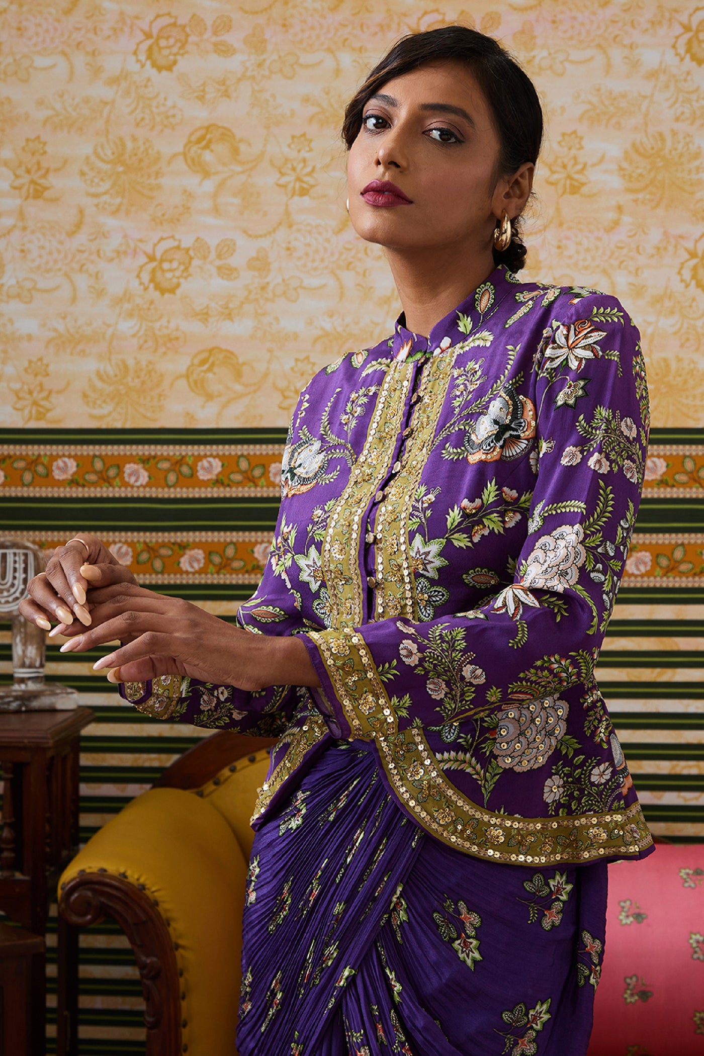Sougat Paul Mehr Embroidered Jacket With Drape Skirt indian designer wear online shopping melange singapore