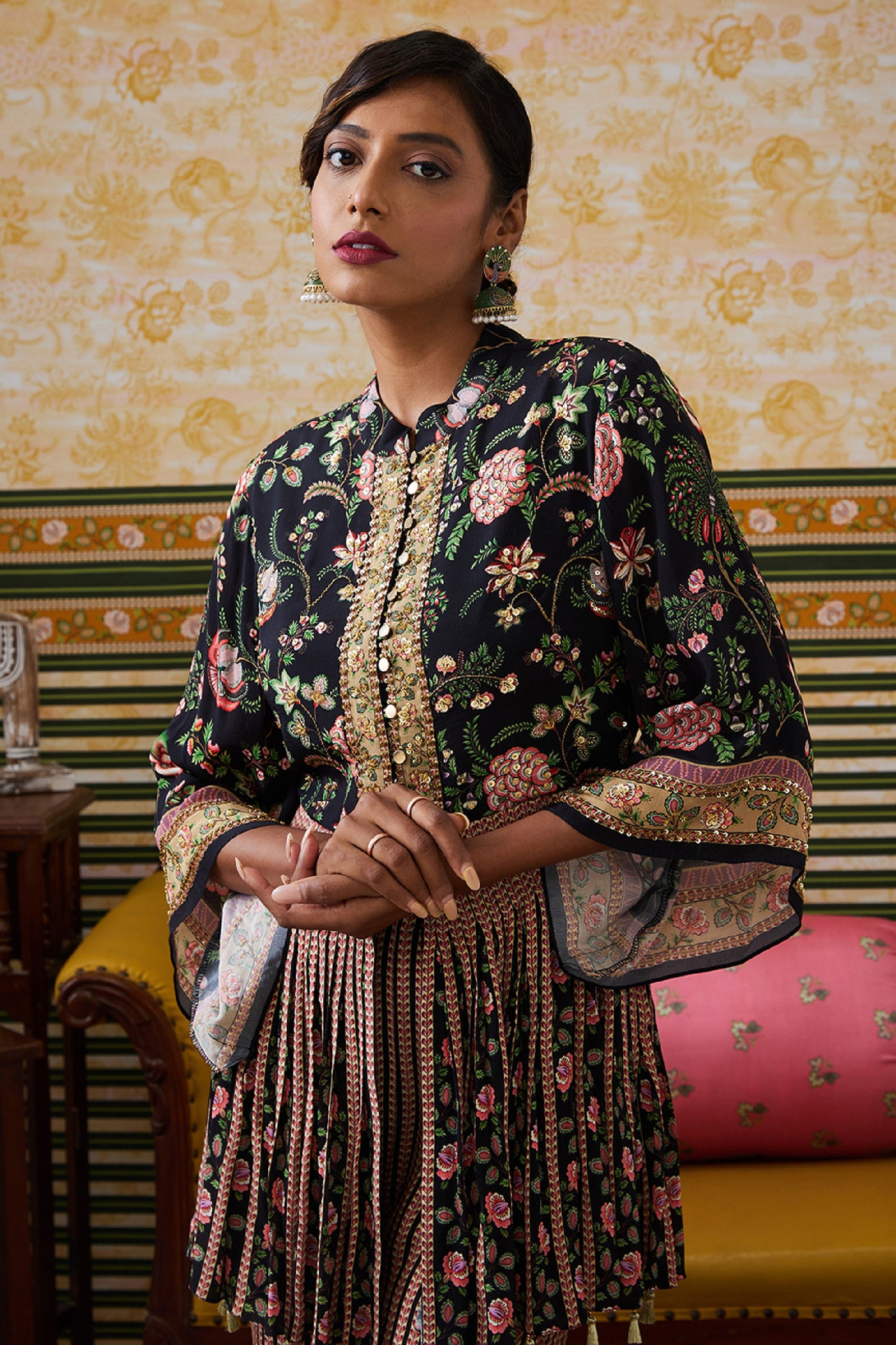 Sougat Paul Mehr Embroidered Kurta Set Black indian designer wear online shopping melange singapore