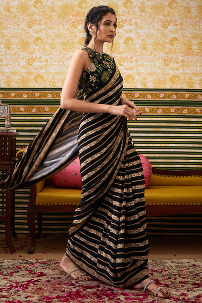 Sougat Paul Mehr Embroidered Pre-Draped Saree Black indian designer wear online shopping melange singapore