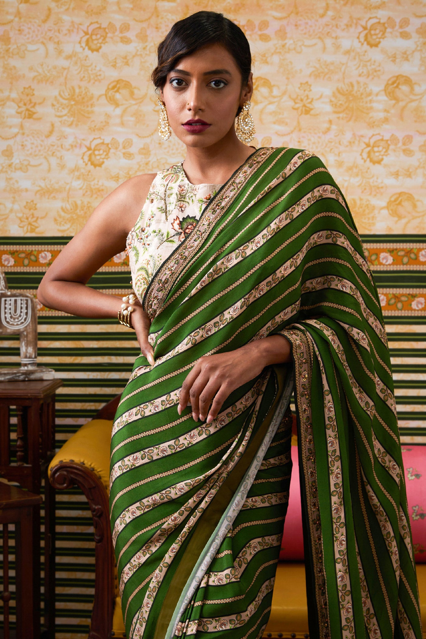 Sougat Paul Mehr Embroidered Pre-Draped Saree Green indian designer wear online shopping melange singapore