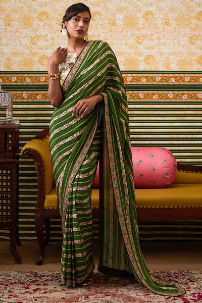Sougat Paul Mehr Embroidered Pre-Draped Saree Green indian designer wear online shopping melange singapore