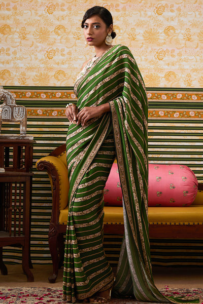 Sougat Paul Mehr Embroidered Pre-Draped Saree Green indian designer wear online shopping melange singapore