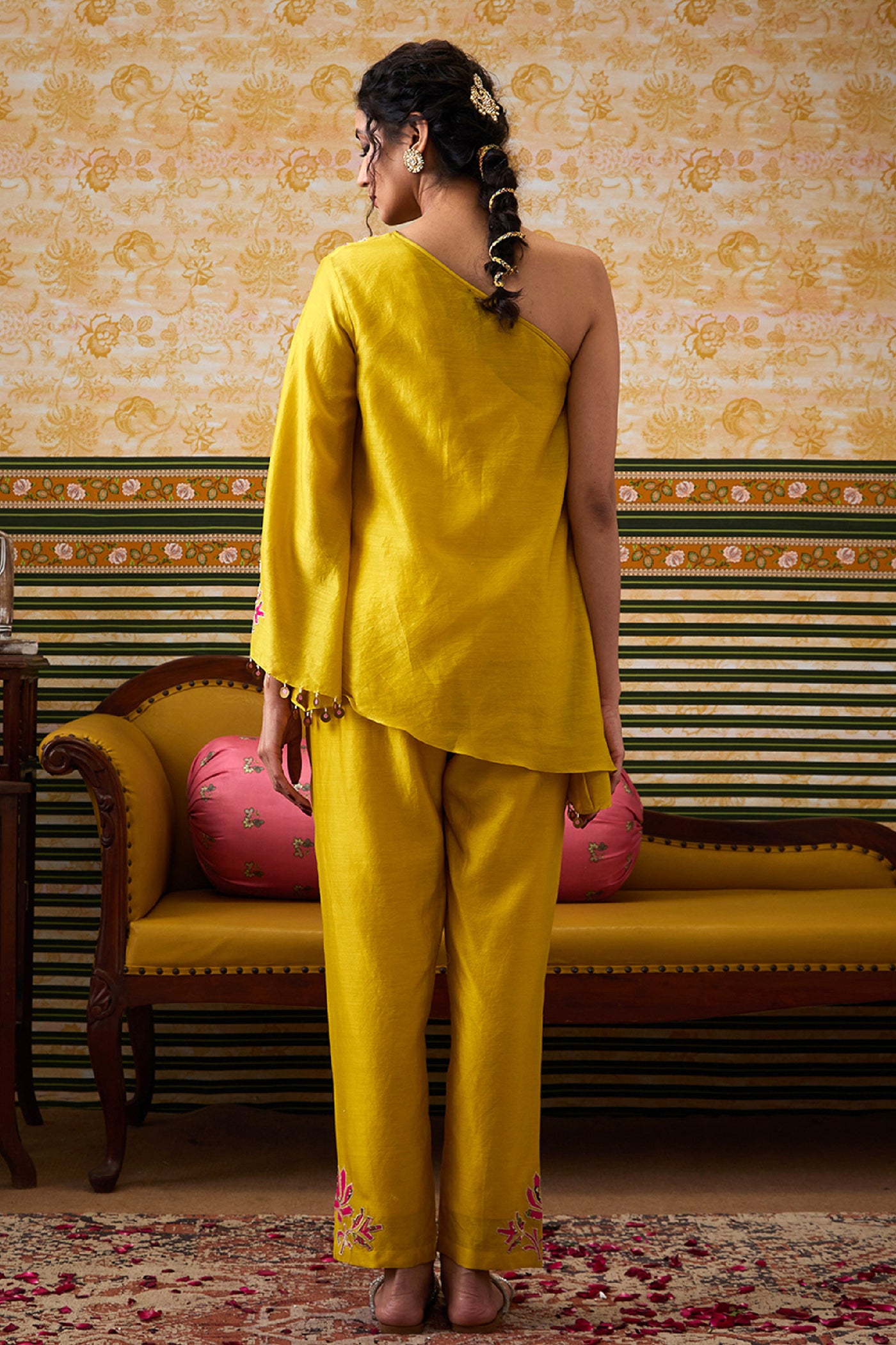 Sougat Paul Mehr Patchwork One-Shoulder Top With Pants indian designer wear online shopping melange singapore