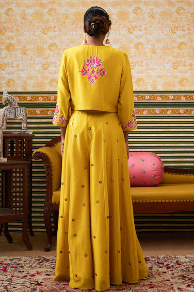 Sougat Paul Mehr Patchwork One-Shoulder Top With Pants Yellow indian designer wear online shopping melange singapore