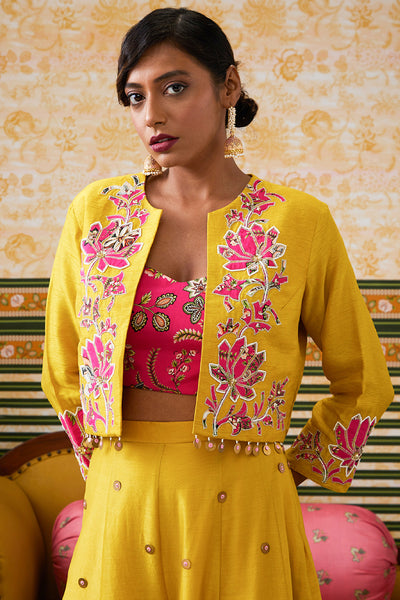 Sougat Paul Mehr Patchwork One-Shoulder Top With Pants Yellow indian designer wear online shopping melange singapore