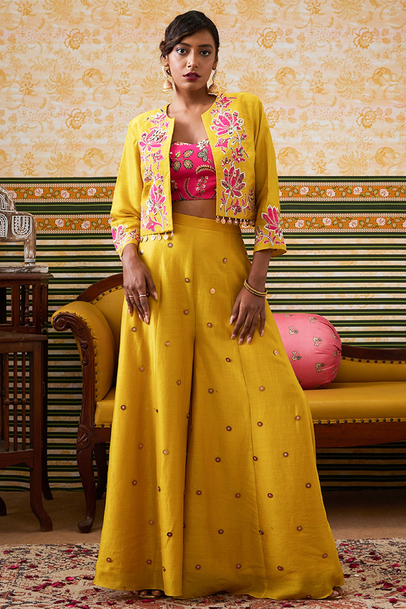 Sougat Paul Mehr Patchwork One-Shoulder Top With Pants Yellow indian designer wear online shopping melange singapore