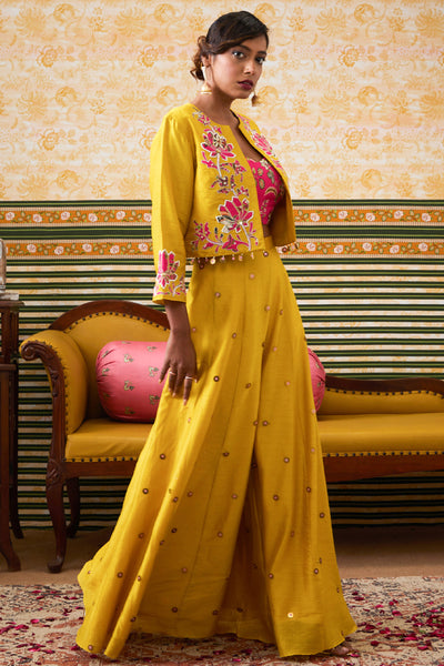 Sougat Paul Mehr Patchwork One-Shoulder Top With Pants Yellow indian designer wear online shopping melange singapore
