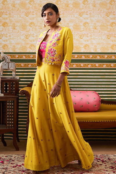 Sougat Paul Mehr Patchwork One-Shoulder Top With Pants Yellow indian designer wear online shopping melange singapore