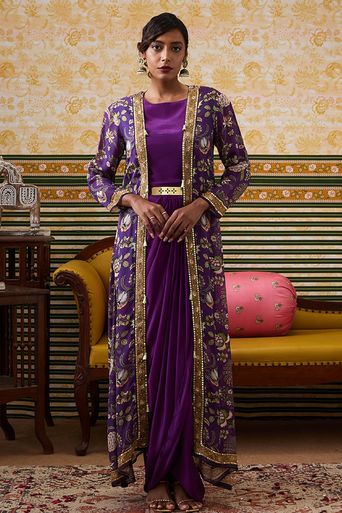 Sougat Paul Mehr Printed Drape Dress With Jacket indian designer wear online shopping melange singapore