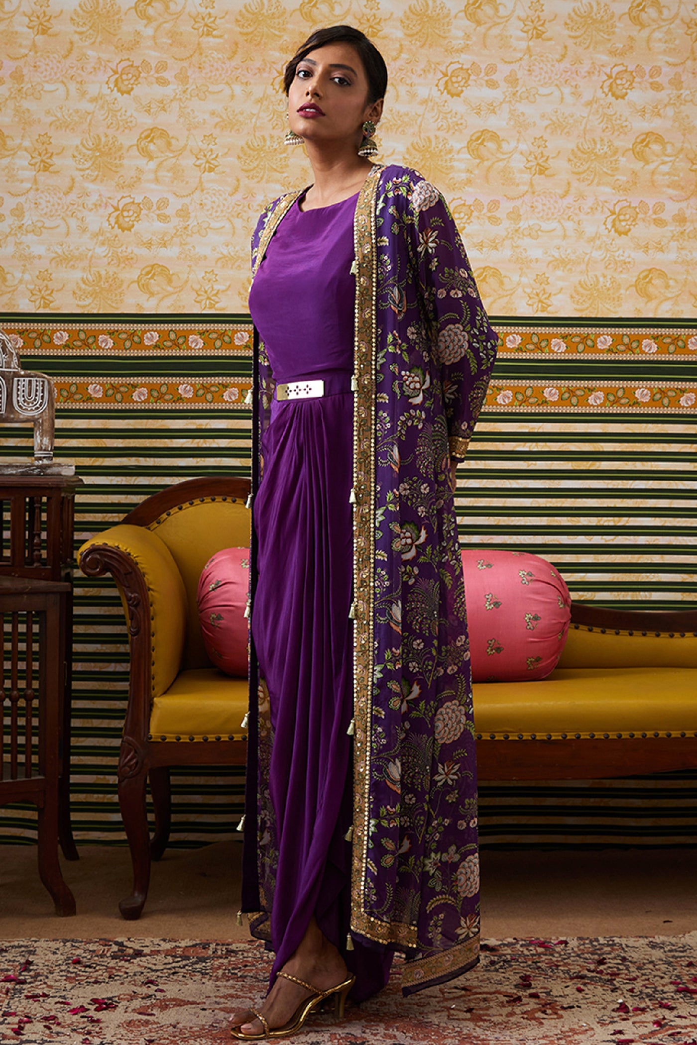 Sougat Paul Mehr Printed Drape Dress With Jacket indian designer wear online shopping melange singapore