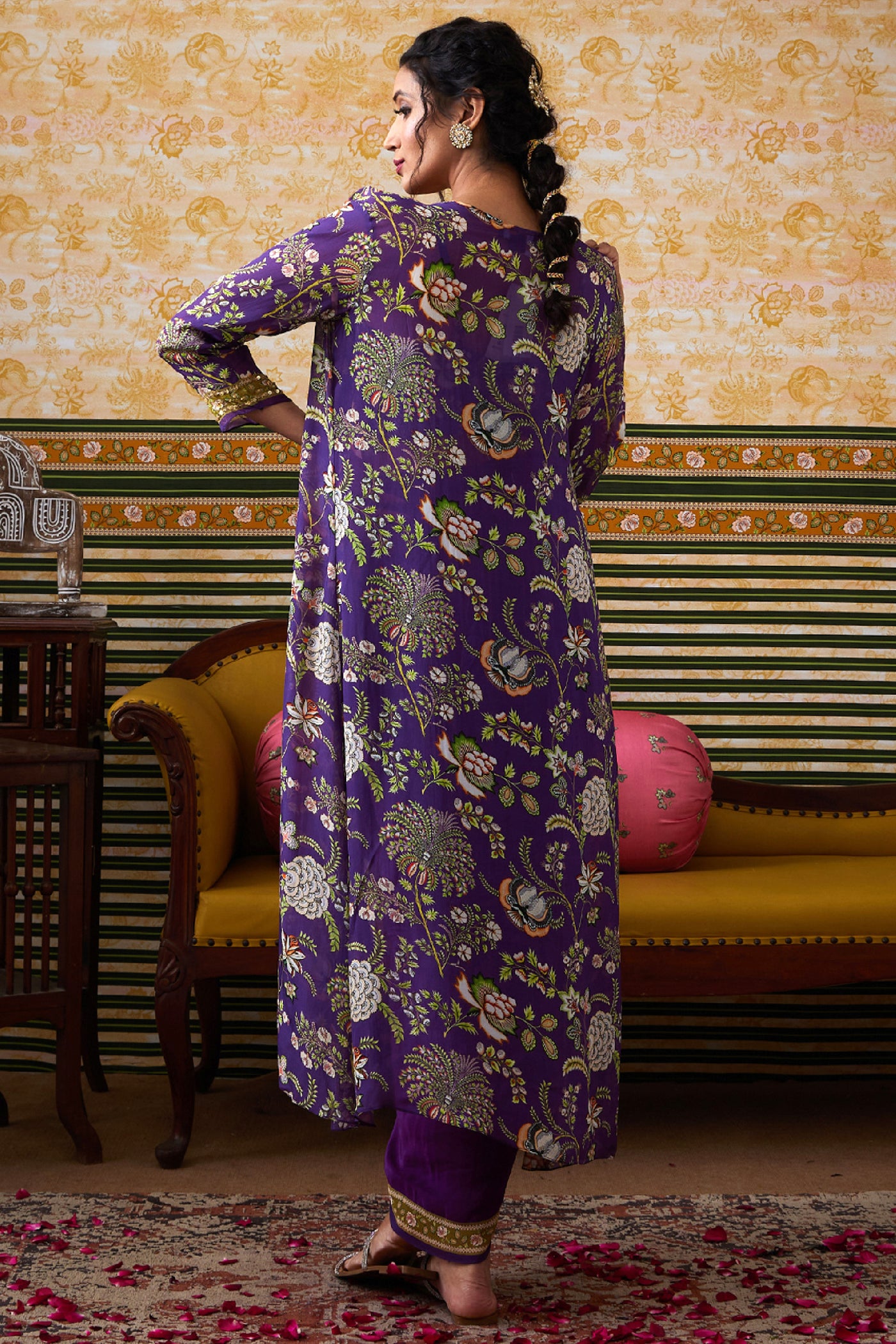 Sougat Paul Mehr Printed Drape Skirt Set With Jacket Purple indian designer wear online shopping melange singapore