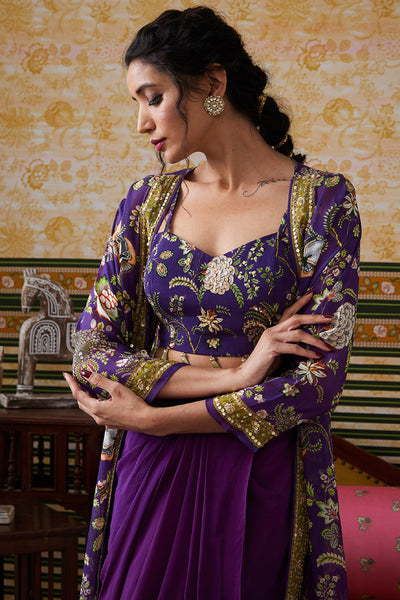 Sougat Paul Mehr Printed Drape Skirt Set With Jacket Purple indian designer wear online shopping melange singapore