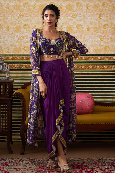 Sougat Paul Mehr Printed Drape Skirt Set With Jacket Purple indian designer wear online shopping melange singapore