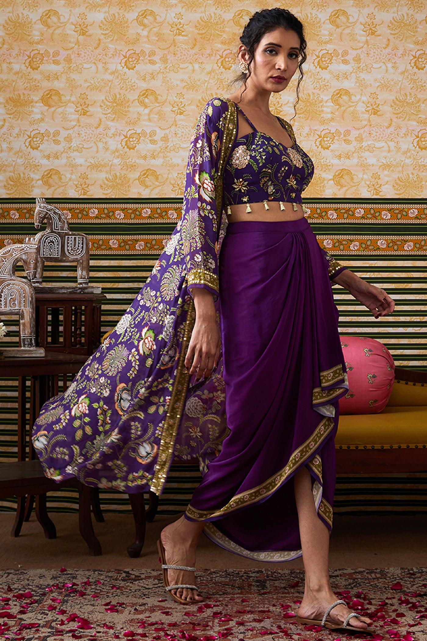 Sougat Paul Mehr Printed Drape Skirt Set With Jacket Purple indian designer wear online shopping melange singapore