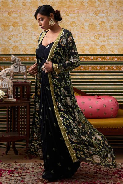 Sougat Paul Mehr Printed Drape Skirt Set With Jacket indian designer wear online shopping melange singapore