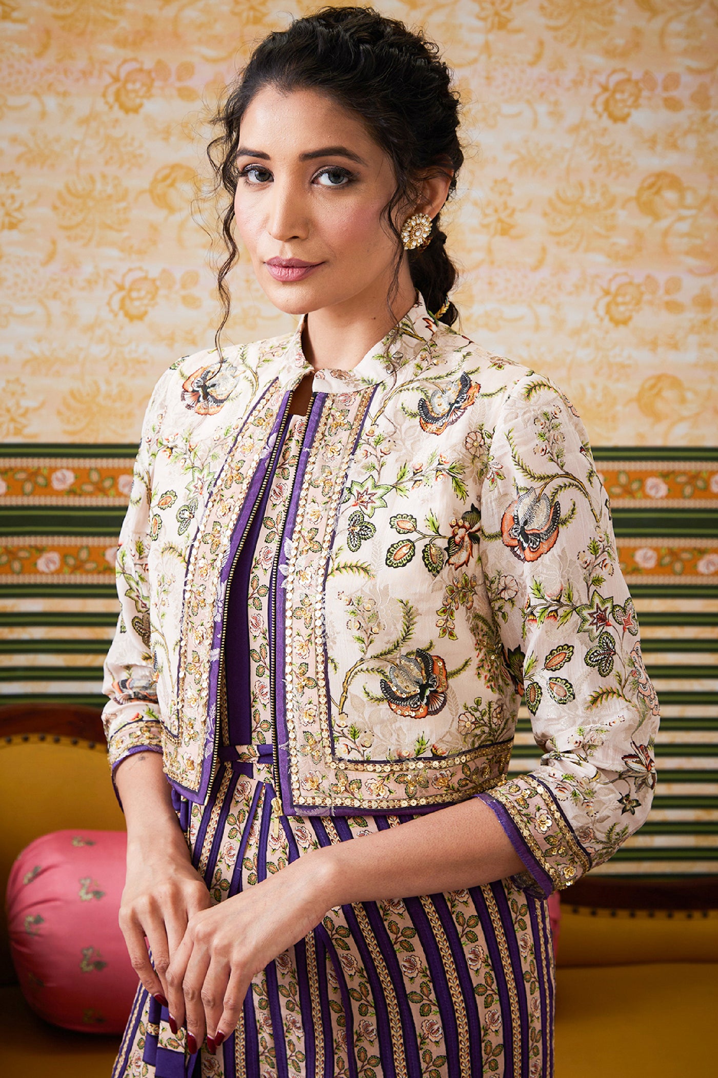 Sougat Paul Mehr Printed Jumpsuit With Jacket indian designer wear online shopping melange singapore