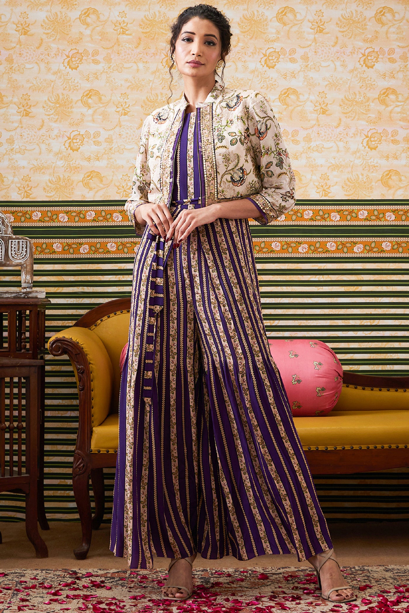 Sougat Paul Mehr Printed Jumpsuit With Jacket indian designer wear online shopping melange singapore