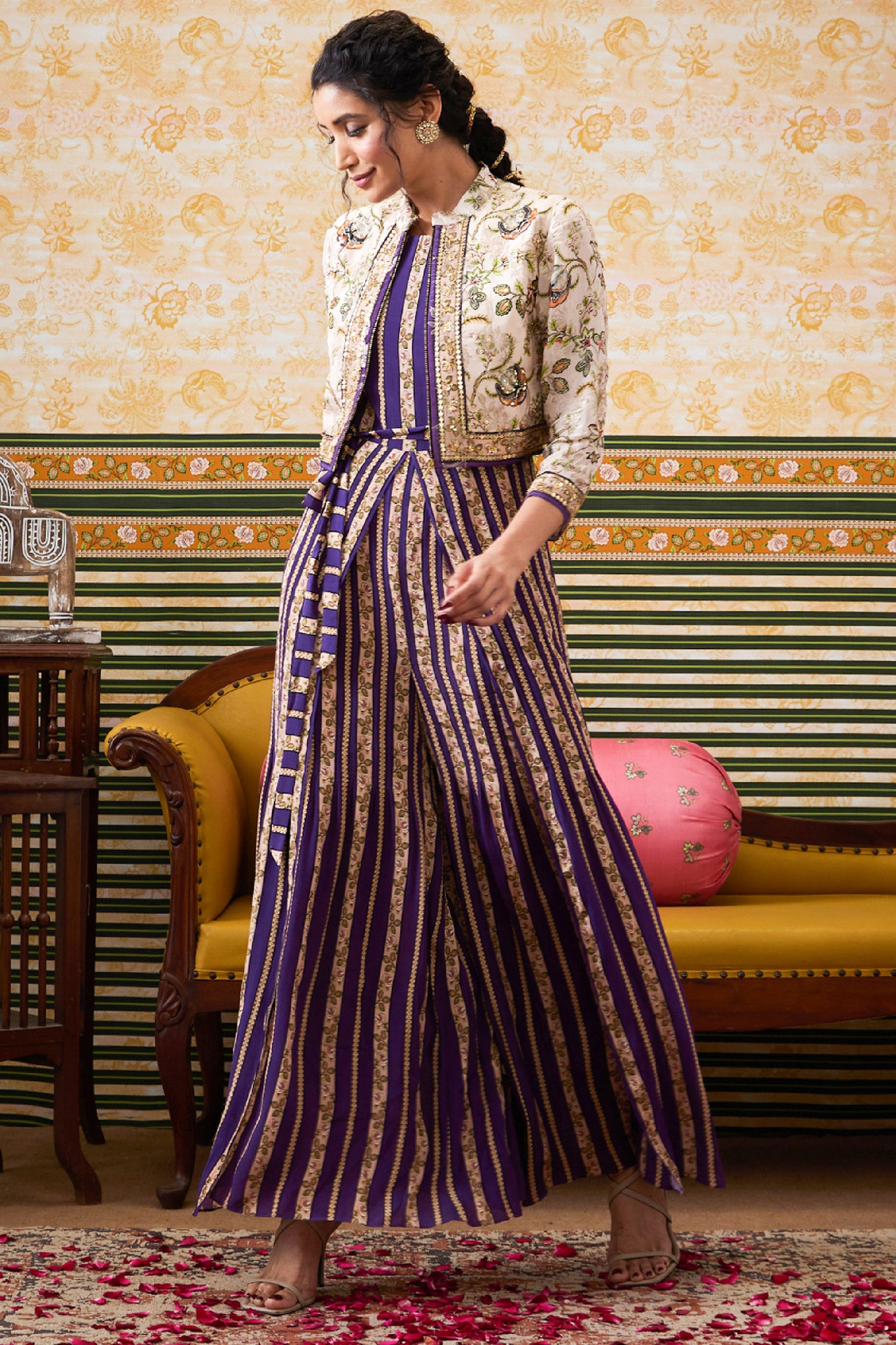 Sougat Paul Mehr Printed Jumpsuit With Jacket indian designer wear online shopping melange singapore