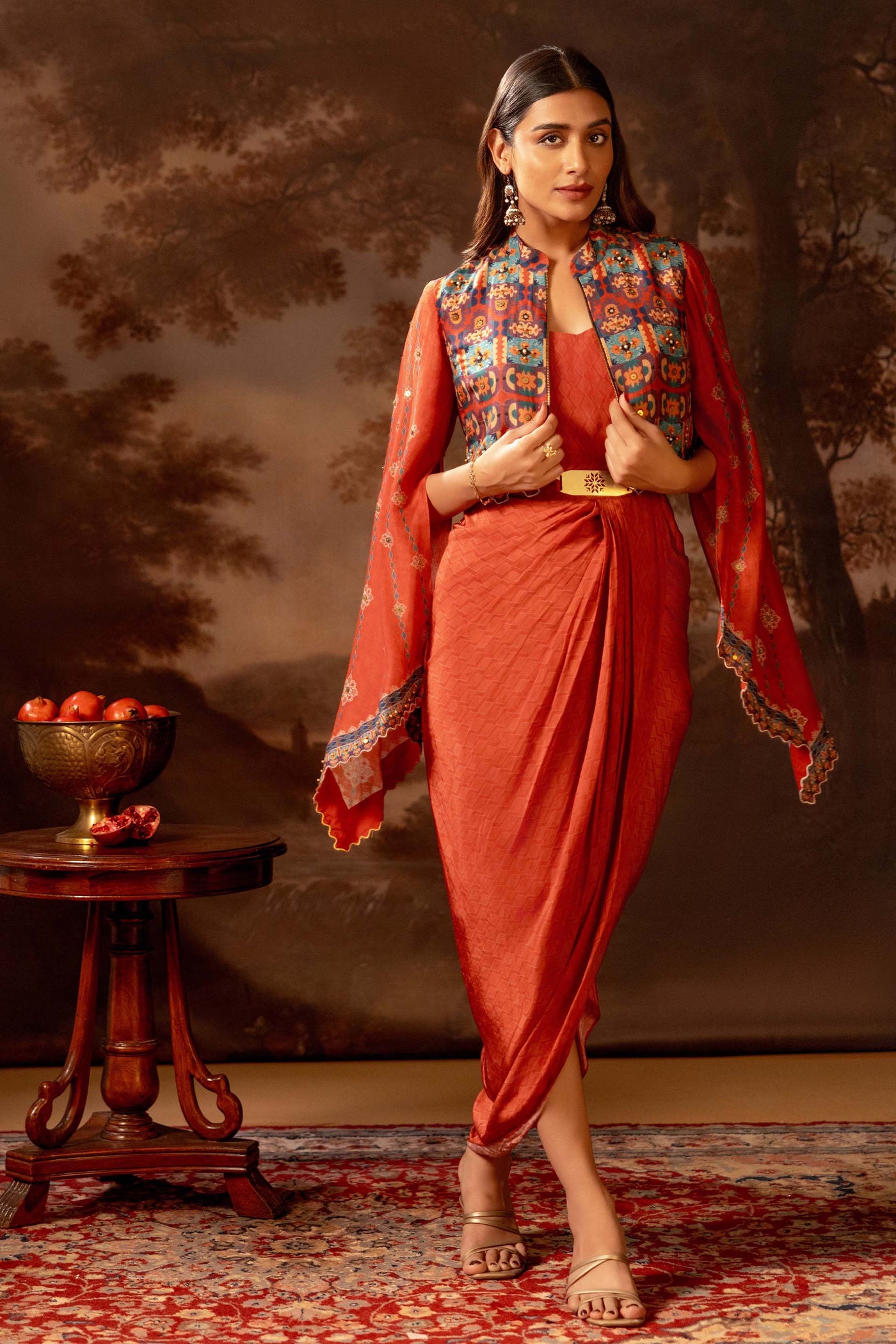 Sougat Paul Orani Embroidered Drape Dress Set indian designer wear online shopping melange singapore