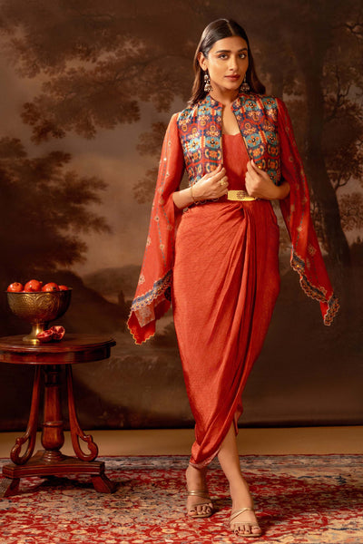Sougat Paul Orani Embroidered Drape Dress Set indian designer wear online shopping melange singapore