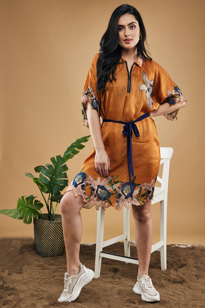 Sougat Paul Orchid Bloom Printed Kimono Dress With Belt indian designer wear online shopping melange singapore