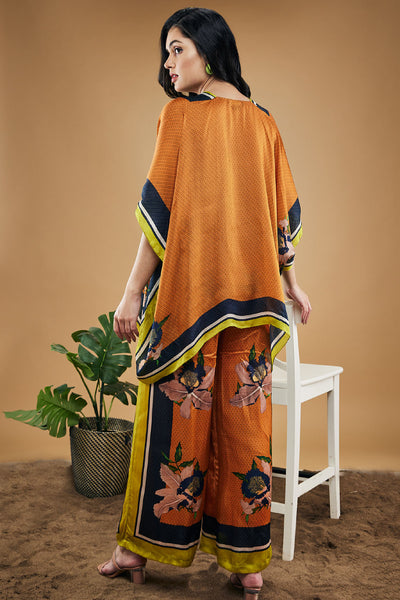 Sougat Paul Orchid Bloom Printed Kimono Shirt With Pants Orange indian designer wear online shopping melange singapore
