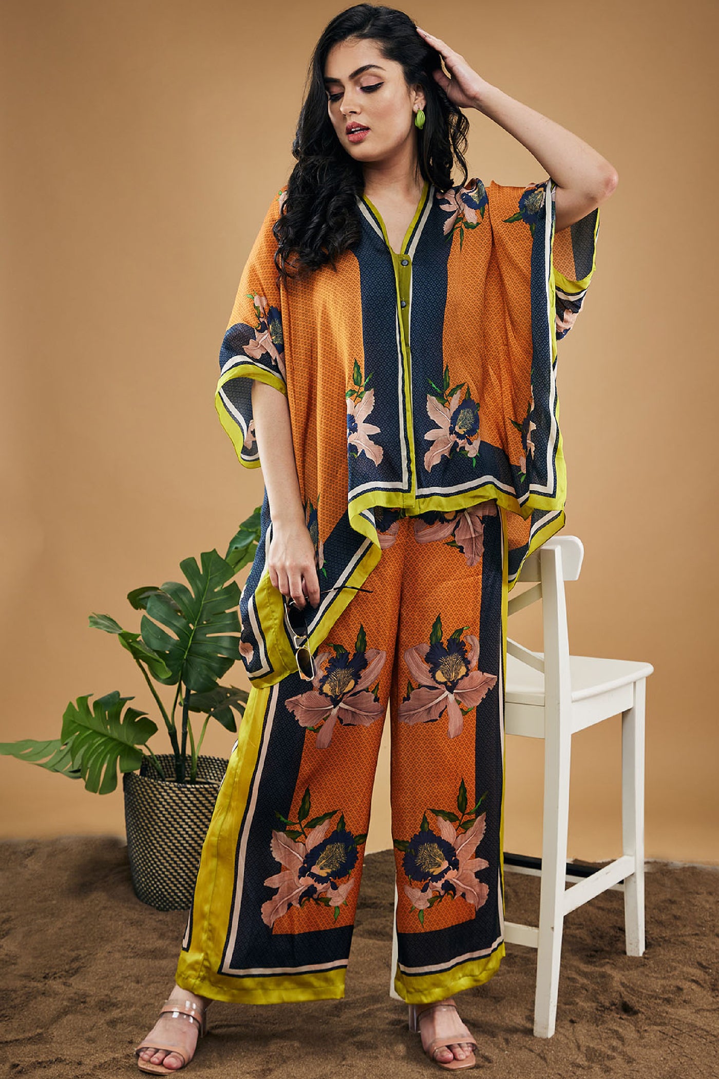 Sougat Paul Orchid Bloom Printed Kimono Shirt With Pants Orange indian designer wear online shopping melange singapore