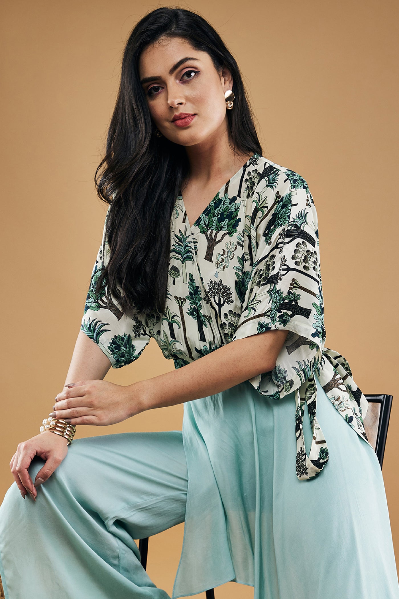 Sougat Paul Palm Bay Printed Top With Drape Pants indian designer wear online shopping melange singapore