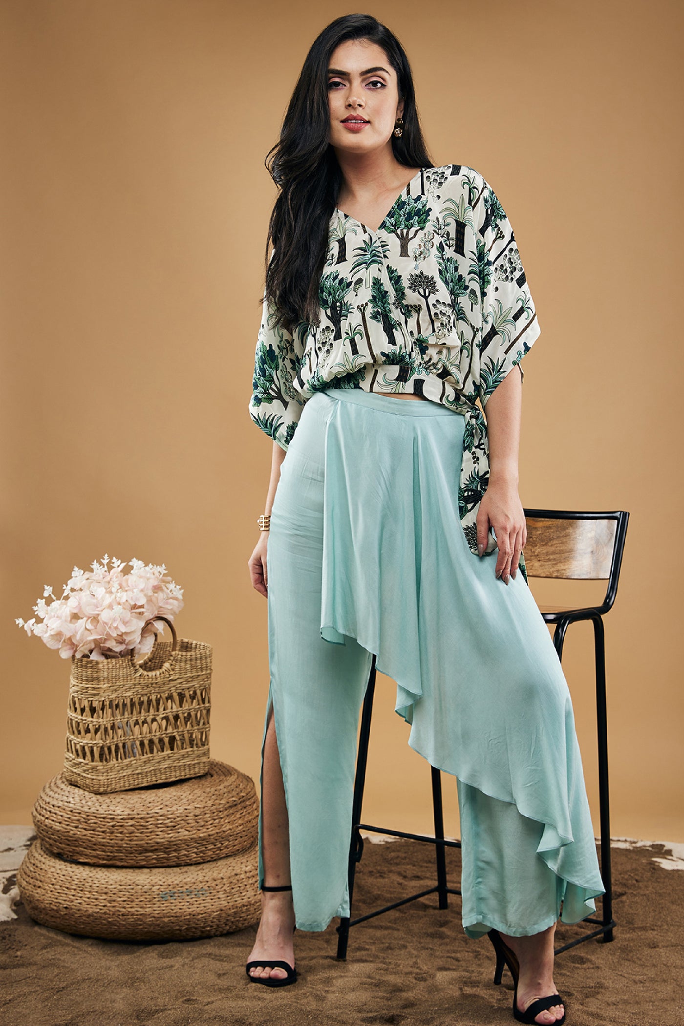 Sougat Paul Palm Bay Printed Top With Drape Pants indian designer wear online shopping melange singapore