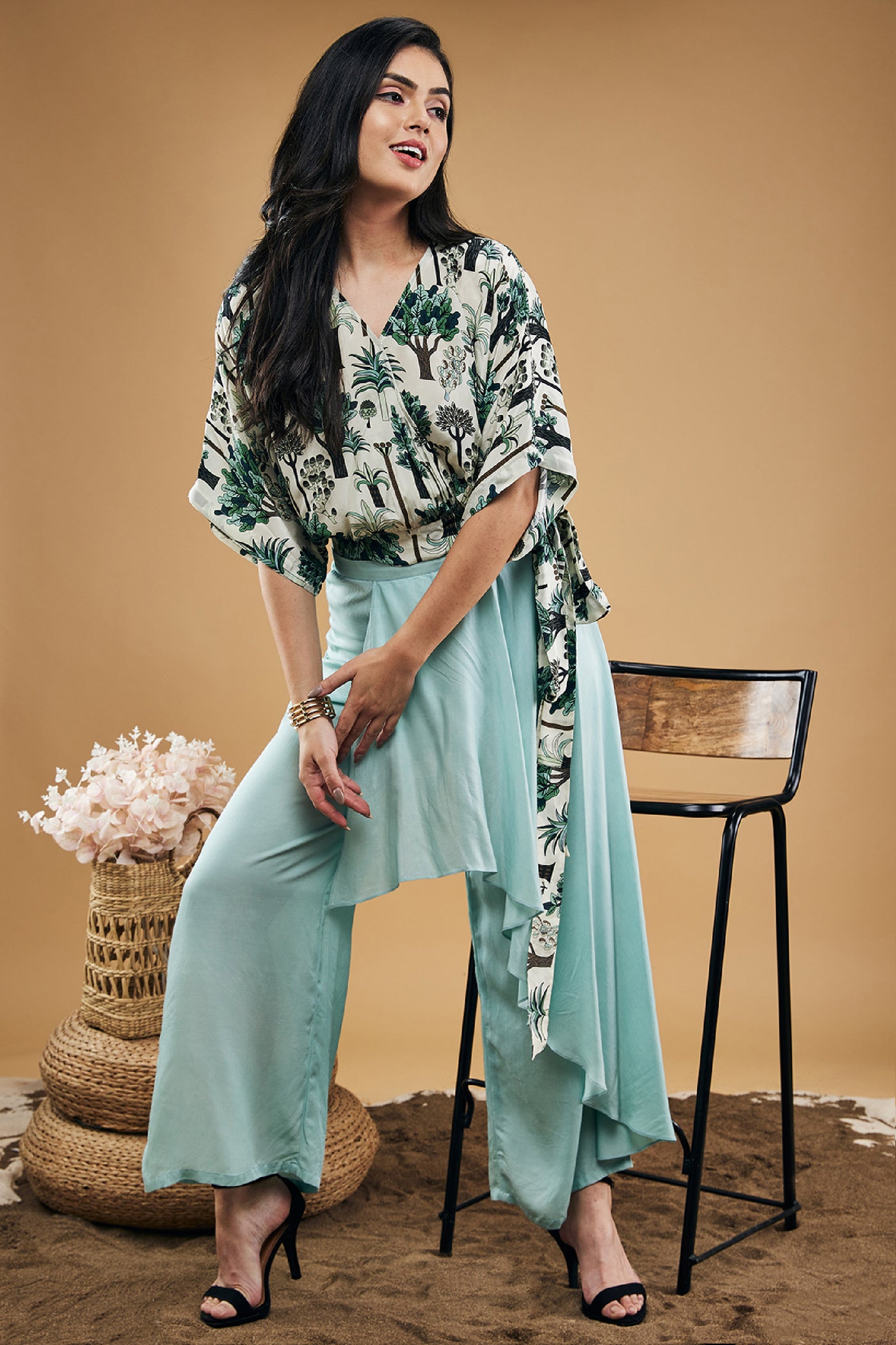 Sougat Paul Palm Bay Printed Top With Drape Pants indian designer wear online shopping melange singapore