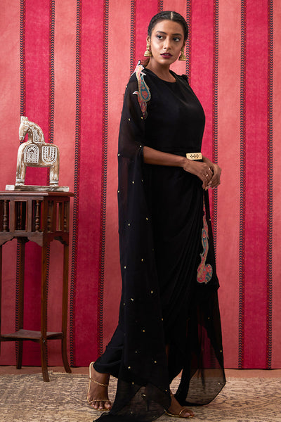 Sougat Paul Qala Drape Dress With Applique Cape indian designer wear online shopping melange singapore