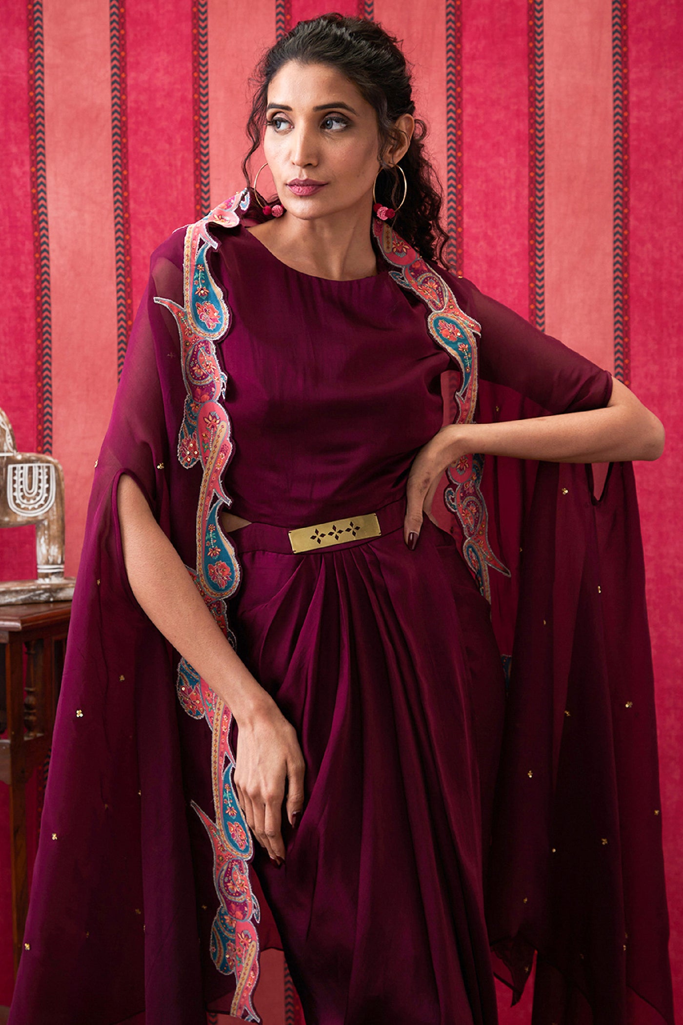 Sougat Paul Qala Drape dress With Printed Applique Cape indian designer wear online shopping melange singapore