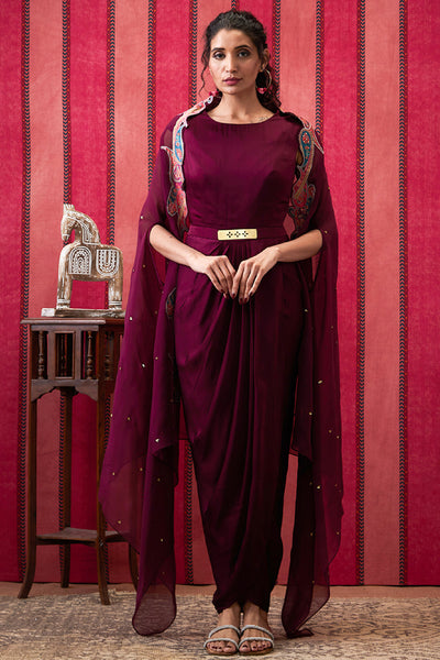 Sougat Paul Qala Drape dress With Printed Applique Cape indian designer wear online shopping melange singapore