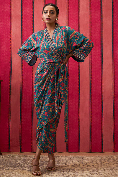 Sougat Paul Qala Embroidered Drape Dress With Waist Tie-up indian designer wear online shopping melange singapore