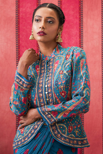 Sougat Paul Qala Printed Drape Skirt With Embroidered Top indian designer wear online shopping melange singapore