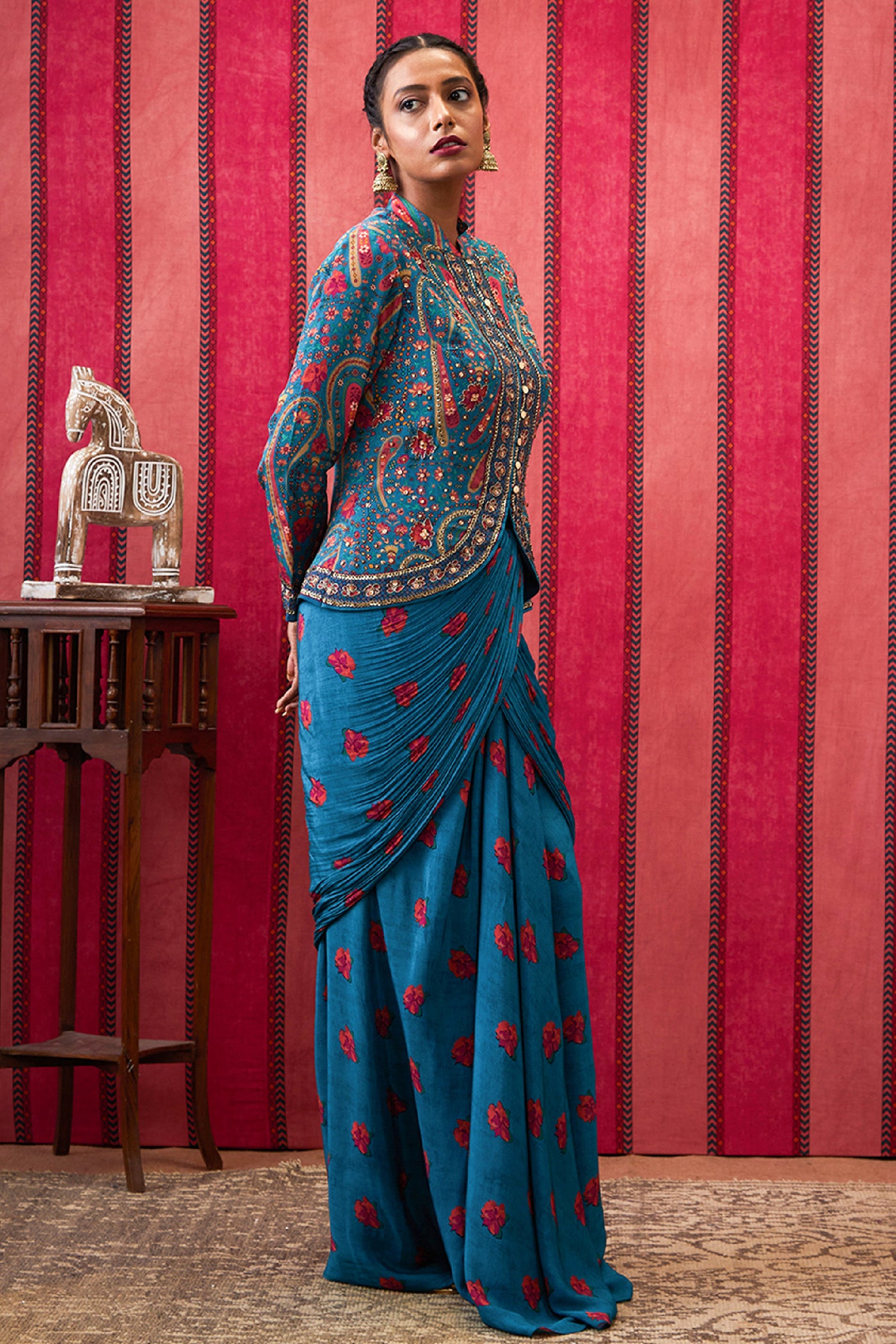 Sougat Paul Qala Printed Drape Skirt With Embroidered Top indian designer wear online shopping melange singapore